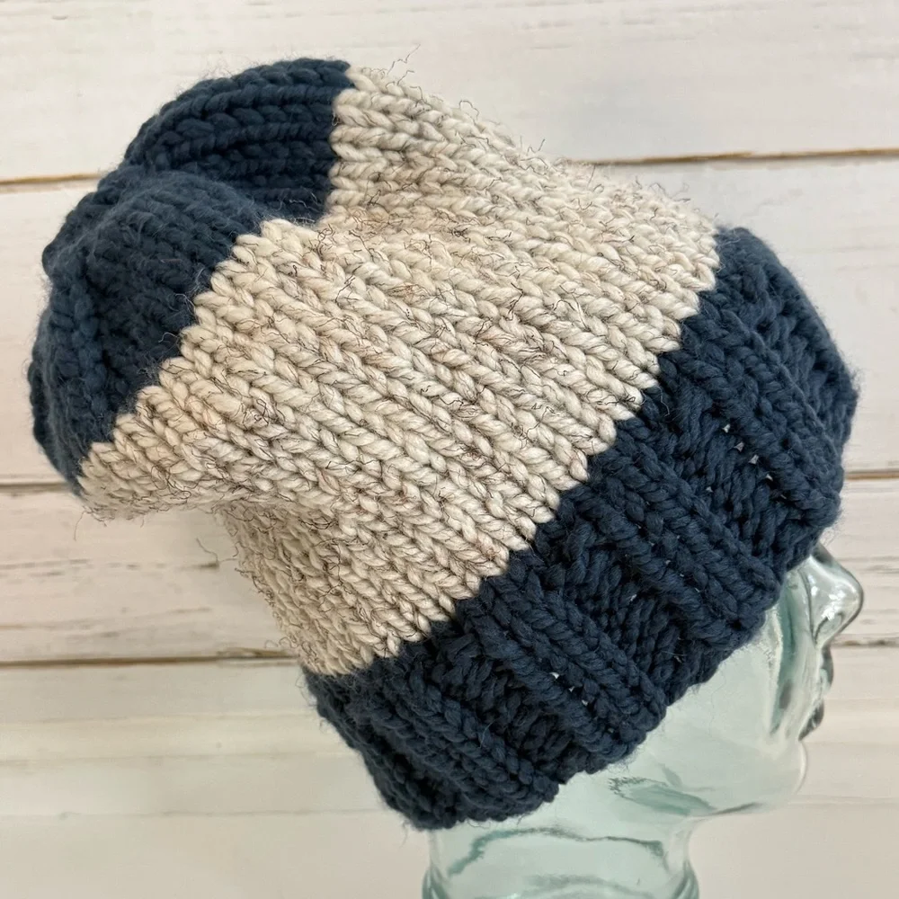 Handmade Knit Beanie • Navy & Cream Colorblock • Cozy Winter Hat